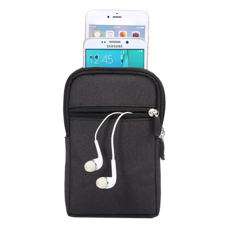 Black fabric smartphone waist bag with zip closure and white earbud cord opening