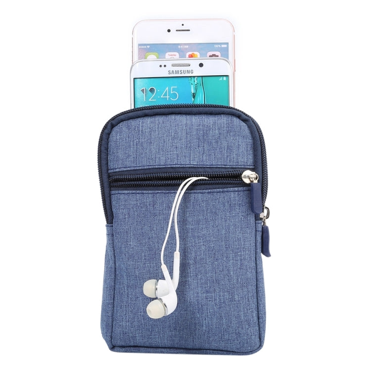 Blue fabric smartphone waist bag with zip closure and white earbud cord opening