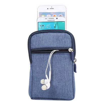 Blue fabric smartphone waist bag with zip closure and white earbud cord opening