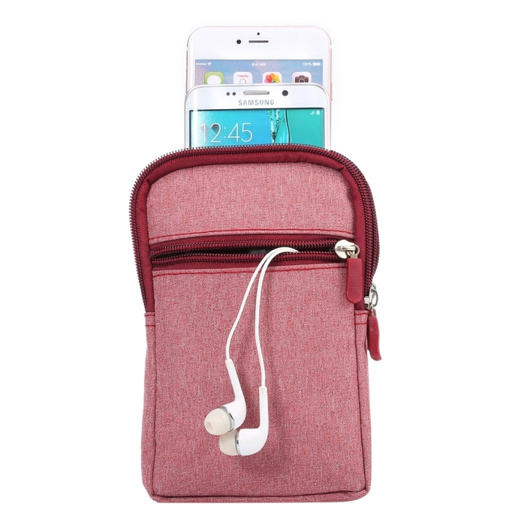 Pink fabric smartphone waist bag with zip closure and white earbud cord opening
