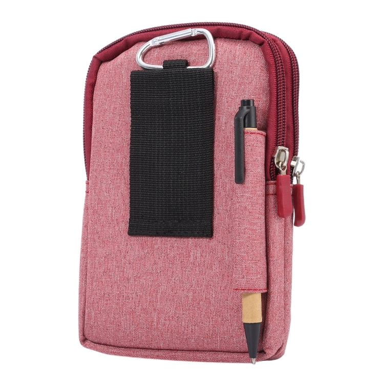 Pink fabric smartphone waist bag with carabiner clip and black card holder pocket