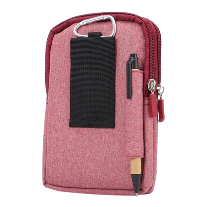 Pink fabric smartphone waist bag with carabiner clip and black card holder pocket