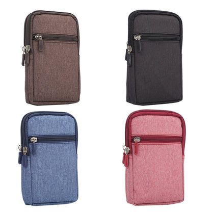 Four-color fabric smartphone waist bags set: brown, black, blue, and pink with zips