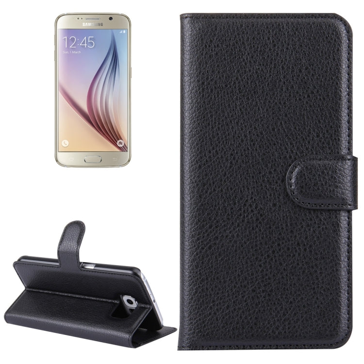 Black litchi-texture flip leather Galaxy S6 case with card slots and holder