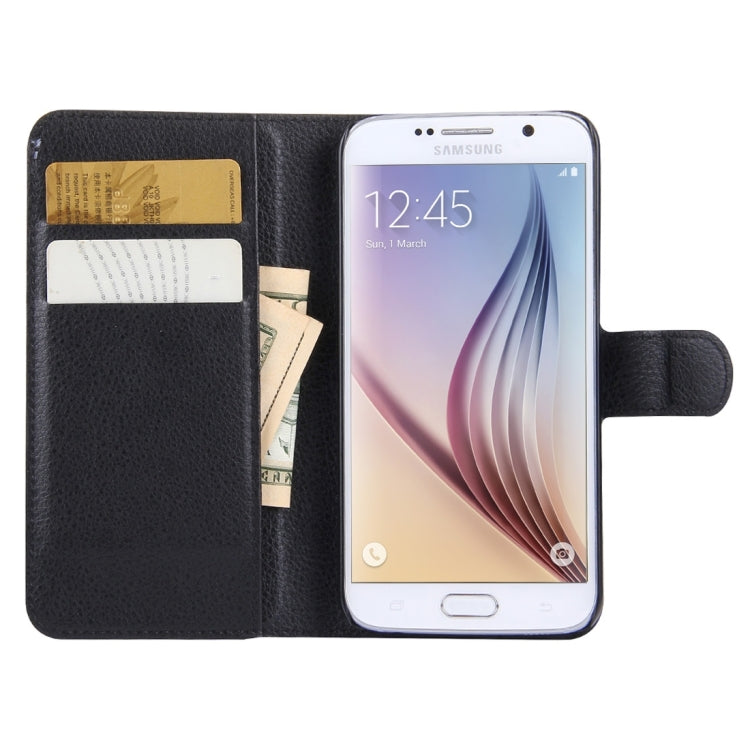 Black litchi-texture leather wallet case for Galaxy S6 with card slots and phone holder