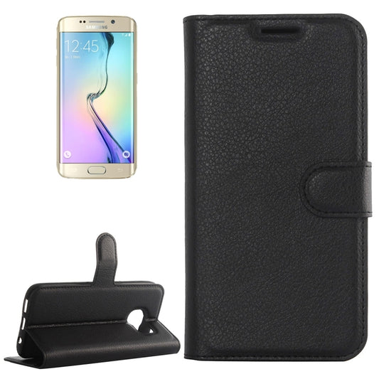 Black litchi-texture flip leather phone wallet case with card slots for Galaxy S6 edge