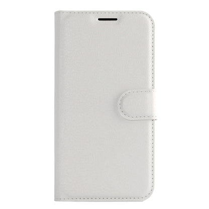 White flip leather phone wallet case with front cover and stitched edges