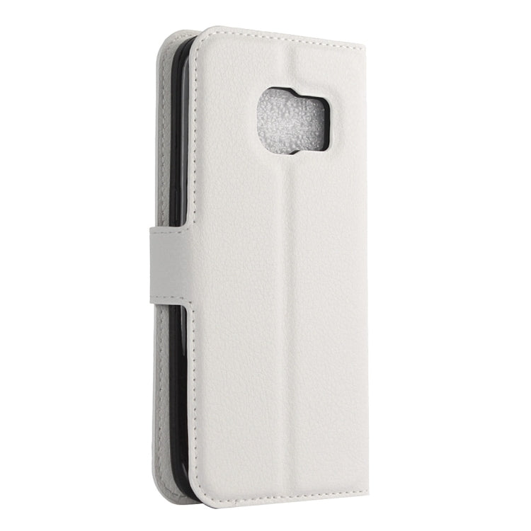 White horizontal flip leather case with card slot and top camera cutout