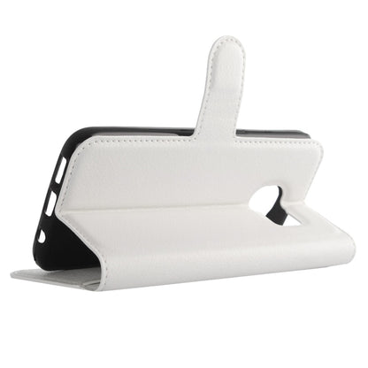 White horizontal flip leather case in stand mode with front cover flap