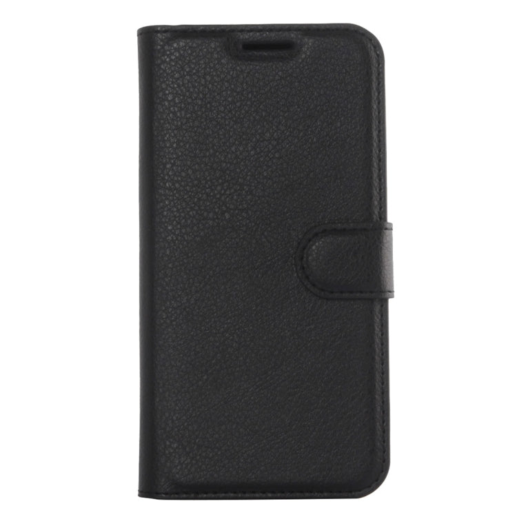 Black textured leather flip phone case with side button cutout and clasp