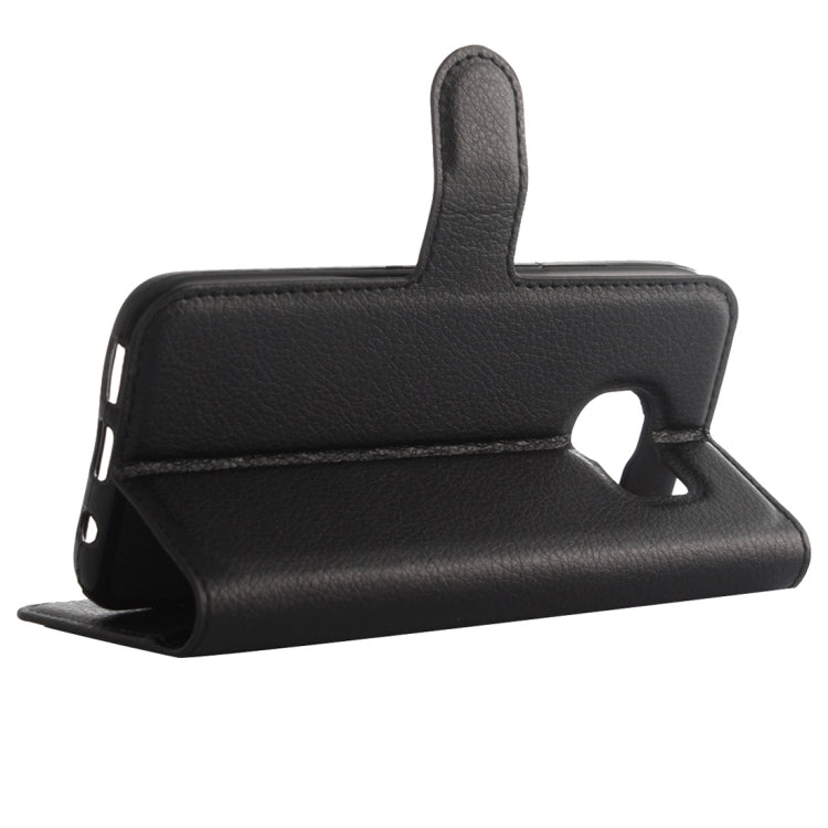 Black textured leather flip case with kickstand and cutout for camera access