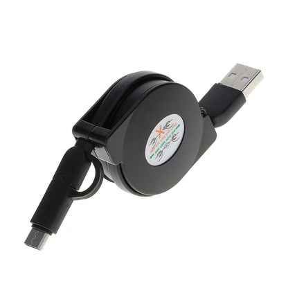 Black retractable USB charging cable with USB-A and small charging connector