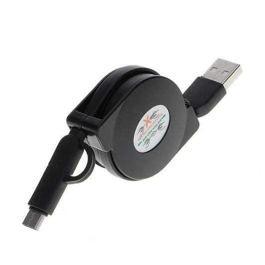 Black retractable USB charging cable with USB-A and small charging connector