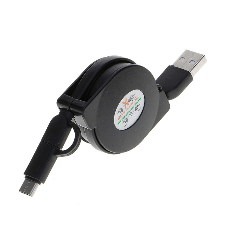 Black retractable USB charging cable with USB-A and small charging connector