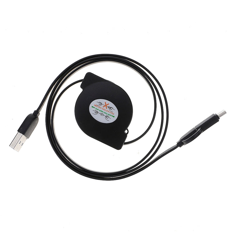 Retractable USB charging cable with coiled cord, USB-A and small charging plug