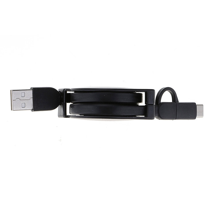 Black retractable USB charging cable extended, with USB-A and small charging plug