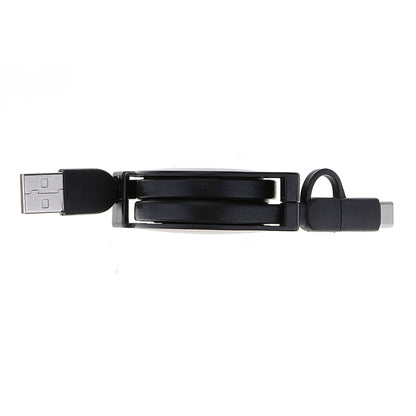 Black retractable USB charging cable extended, with USB-A and small charging plug