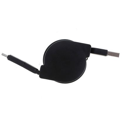 Black retractable USB charging cable with USB-A end and small charging connector