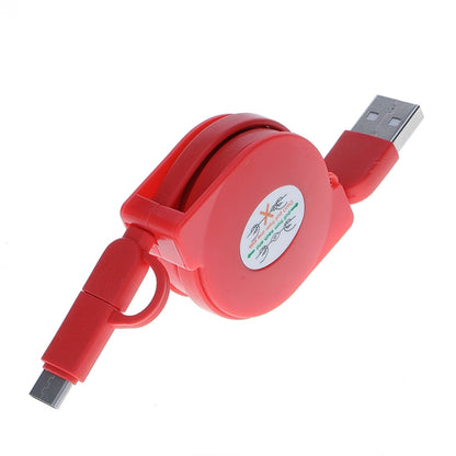 Red retractable USB charging cable with USB-A and small charging connector