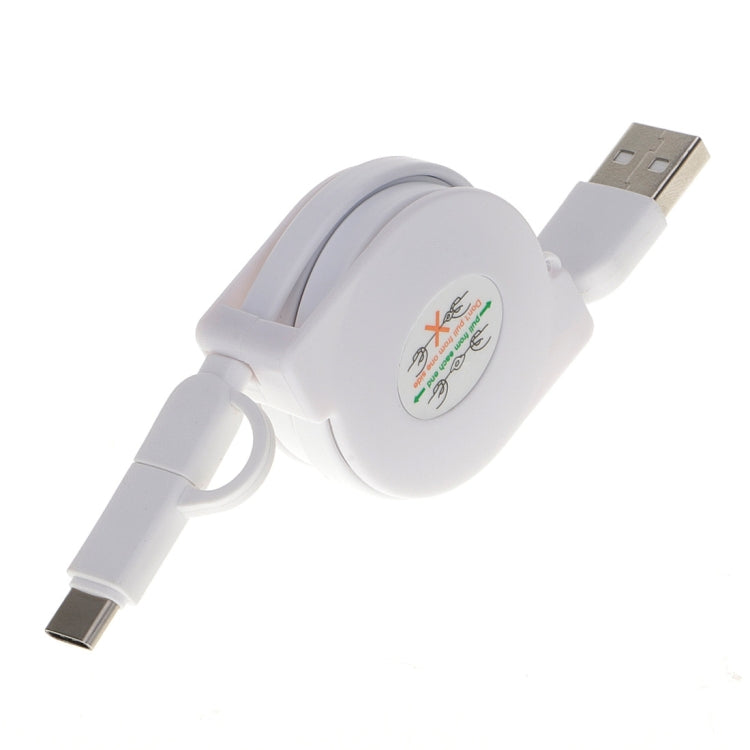 White retractable USB charging cable with USB-A and small charging connector