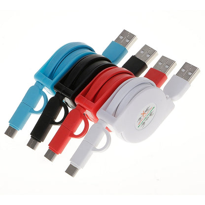 Set of retractable USB charging cables in blue, black, red, and white