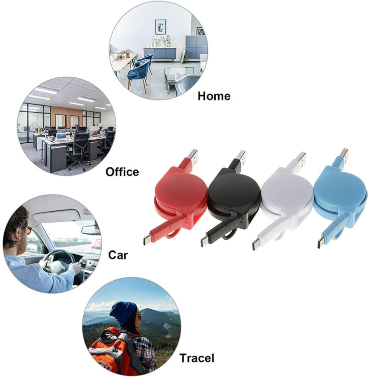 Assorted retractable USB charging cables in red, black, white, and blue