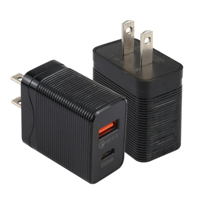 Black fast travel USB-C charger with US plug, QC 3.0 and PD 20W ports