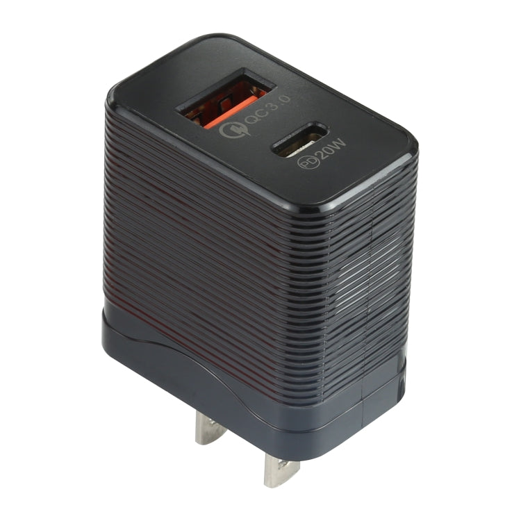 Black cube fast travel USB-C charger with QC 3.0 and PD 20W ports, US plug