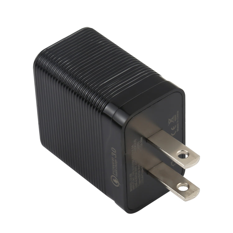 Black USB-C PD 20W travel charger with US plug and QC 3.0 port