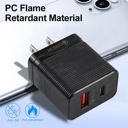 Black fast travel USB-C charger with US plug, QC 3.0 and PD 20W ports