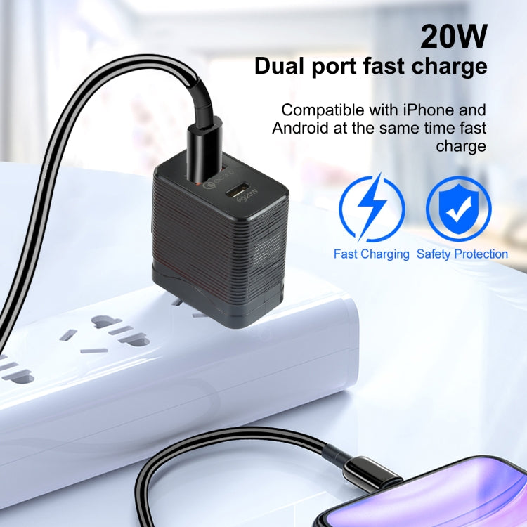 Black dual-port fast charging USB-C charger with US plug, 20W output