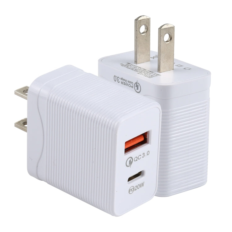 White fast travel USB-C charger with US plug, QC 3.0 and PD 20W ports