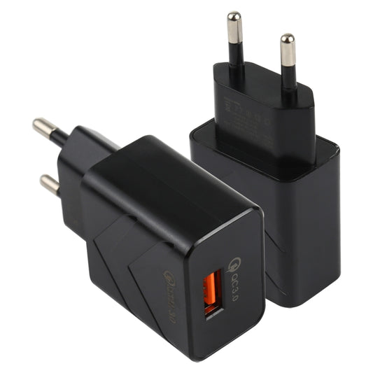Black EU travel USB fast charger with single QC3.0 port and two metal pins