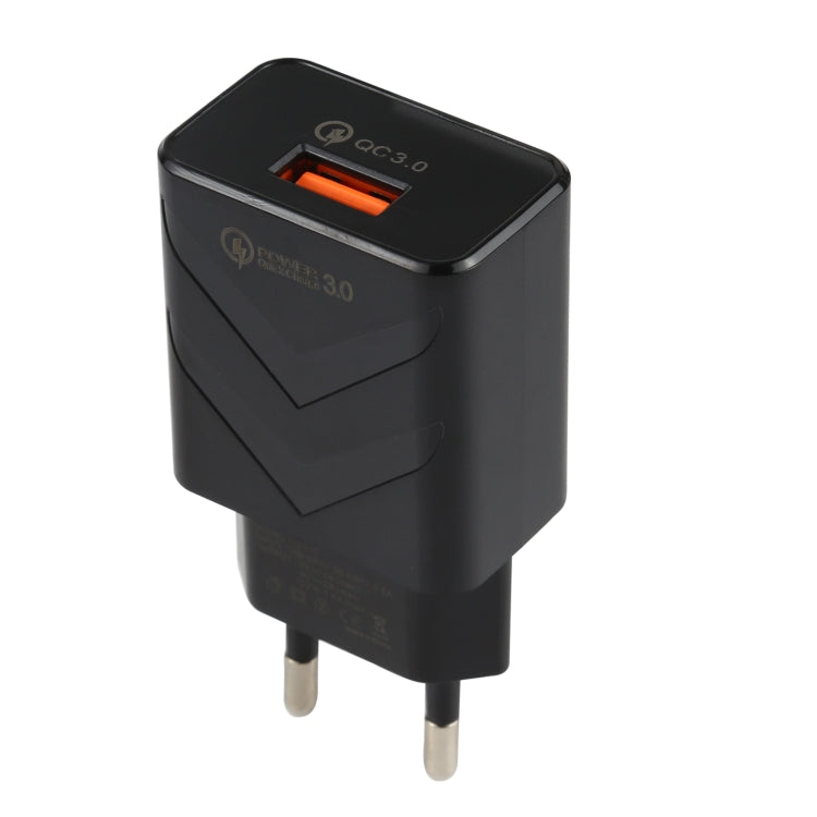 Black EU USB fast charger with orange QC3.0 port and compact plug body