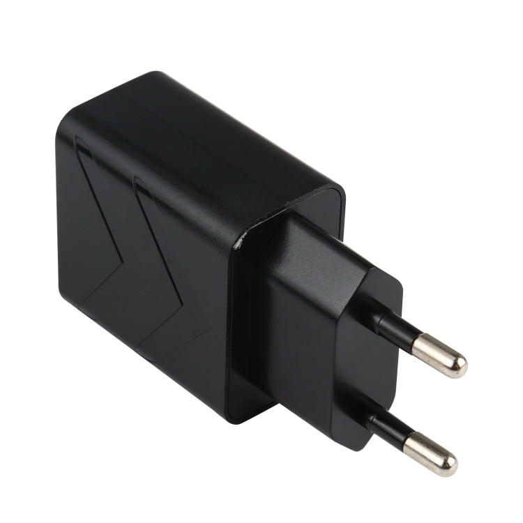 Black EU wall USB charger with two metal prongs and streamlined housing