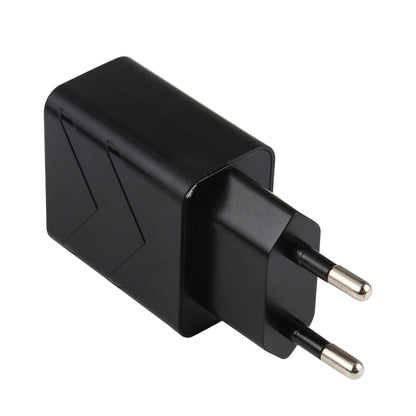 Black EU wall USB charger with two metal prongs and streamlined housing