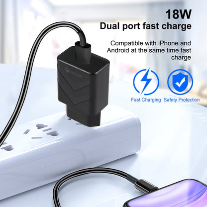 Black EU USB fast charger on a power strip with cable connected