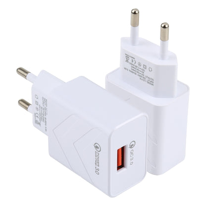 White EU travel USB fast charger with orange QC3.0 port and two metal pins