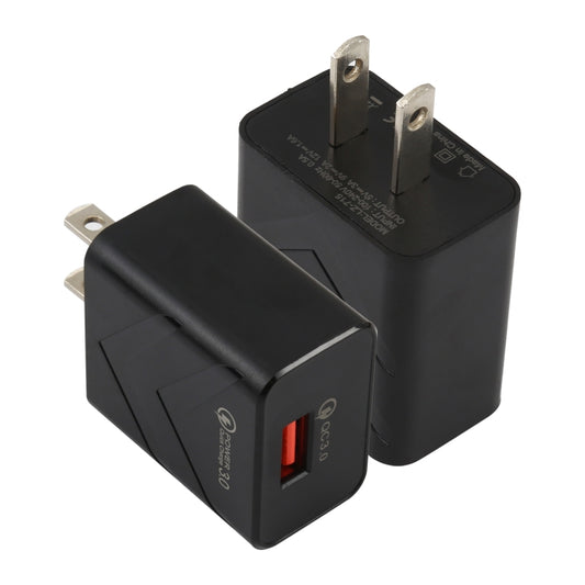 Black USB travel charger adapter with QC 3.0 and US plug, single port