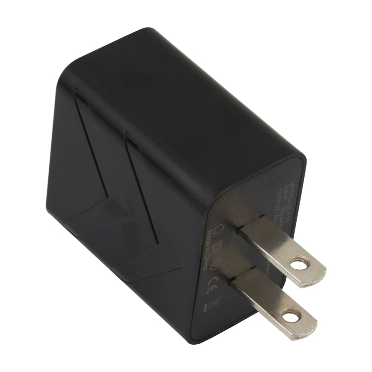 Black USB travel charger adapter with QC 3.0 label and US plug prongs