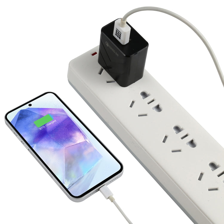 White power adapter board with black QC 3.0 USB charger plug for US outlets