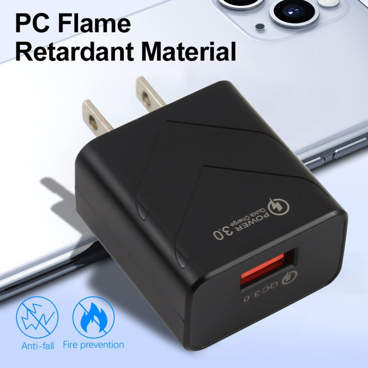 Black QC 3.0 USB travel charger adapter with safety icons, US plug