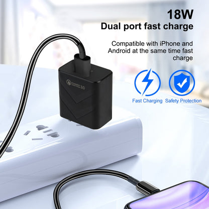 Black 18W QC 3.0 USB fast charger with US plug and charging cable