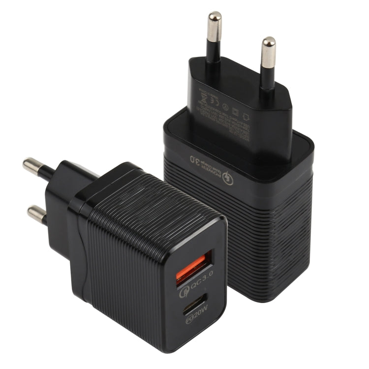 Black EU wall travel charger with ribbed case and USB ports, two prong plug