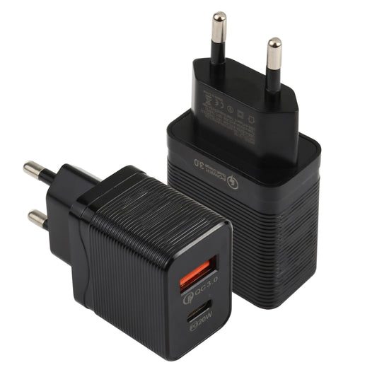 Black EU wall travel charger with ribbed case and USB ports, two prong plug