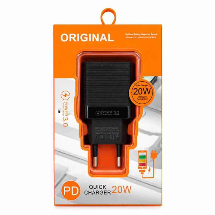 Travel charger retail package with black EU plug charger and 20W label