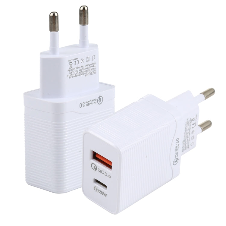 White EU wall travel charger with USB-C port and orange USB-A fast-charge port