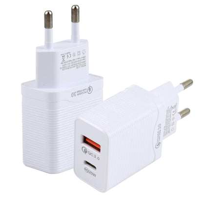 White EU wall travel charger with USB-C port and orange USB-A fast-charge port