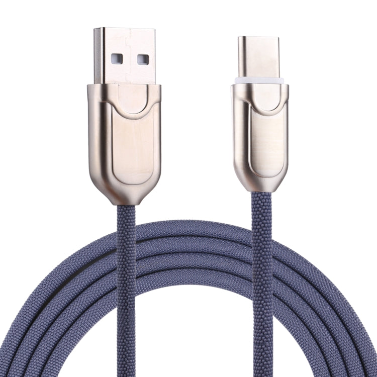 Blue braided USB-A to USB-C charging and data sync cable with metal connectors