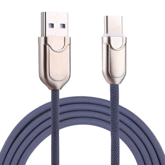 Blue braided USB-A to USB-C charging and data sync cable with metal connectors